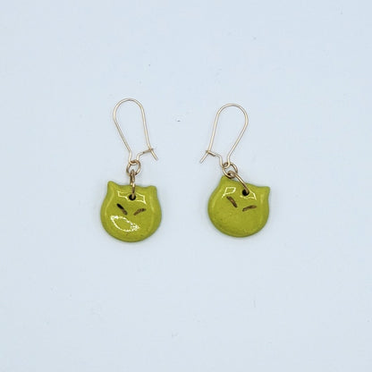 Porcelain Earrings - Green Cat with Eyes