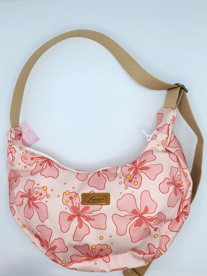 Crescent Shoulder Bag Splash Proof Medium - Wavy Hibiscus Pink