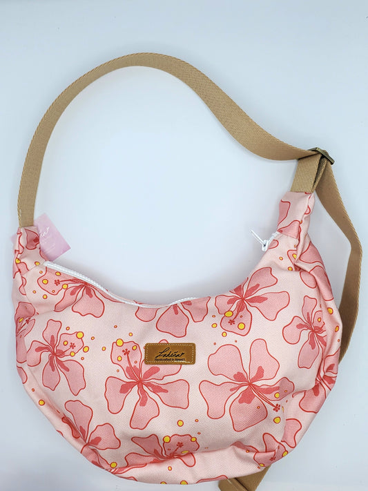 Crescent Shoulder Bag Splash Proof Medium - Wavy Hibiscus Pink